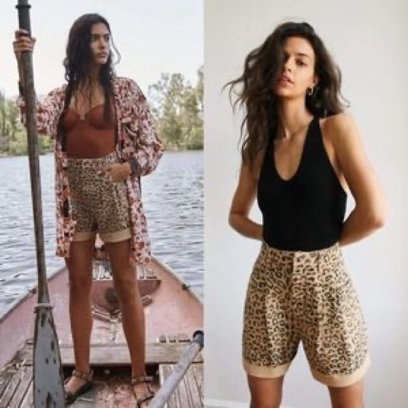 Free People High Waist Leopard Denim Shorts - Picture 1 of 7